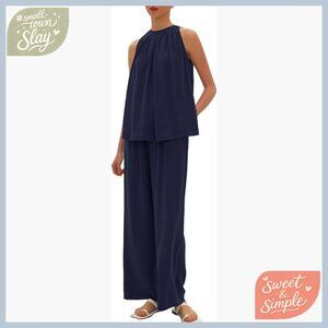 Linen Two Piece Set Sleeveless Tank Wide Leg Pants Lounge Travel Outfit